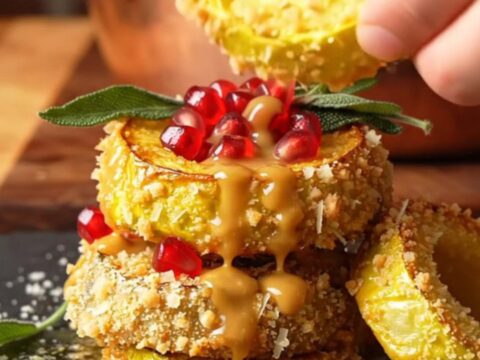 A close-up shot of golden, crispy delicata squash rings on a dark slate board, topped with pomegranate seeds.