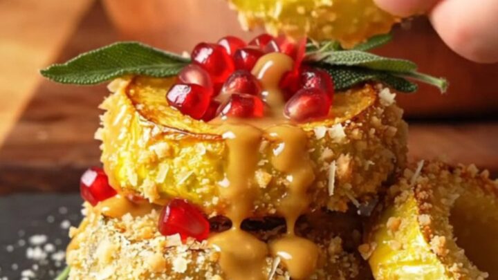 A close-up shot of golden, crispy delicata squash rings on a dark slate board, topped with pomegranate seeds.