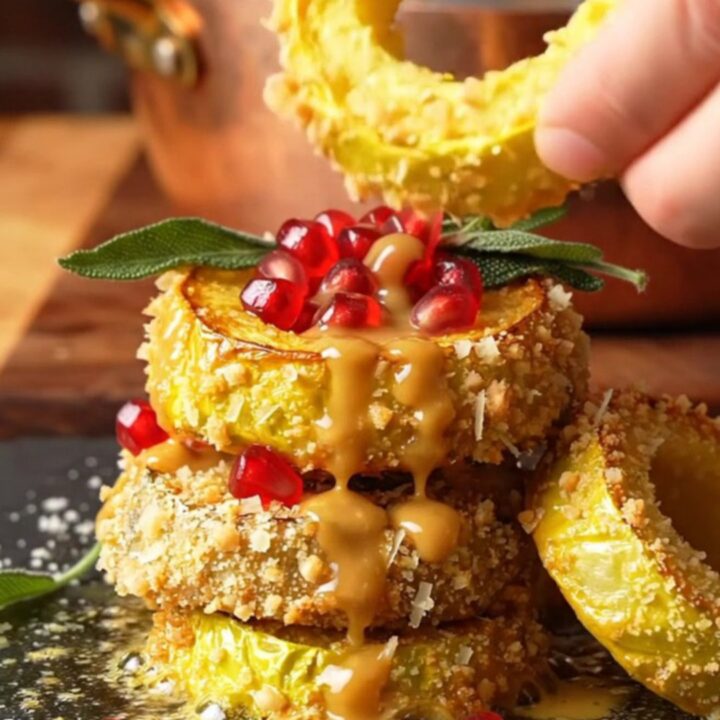 A close-up shot of golden, crispy delicata squash rings on a dark slate board, topped with pomegranate seeds.