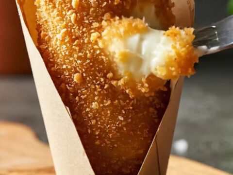 A golden, crispy potato croquette being pulled apart to reveal a long, stretchy center of melted smoked provolone cheese.