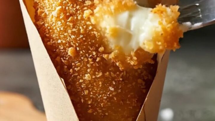 A golden, crispy potato croquette being pulled apart to reveal a long, stretchy center of melted smoked provolone cheese.