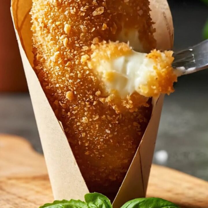 A golden, crispy potato croquette being pulled apart to reveal a long, stretchy center of melted smoked provolone cheese.