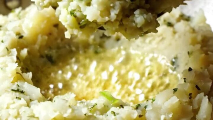 A close-up of a steaming bowl of Irish Colcannon with a well of sizzling brown butter in the center.