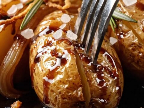 A cast-iron skillet filled with roasted fingerling potatoes and cipollini onions with a glossy balsamic glaze.