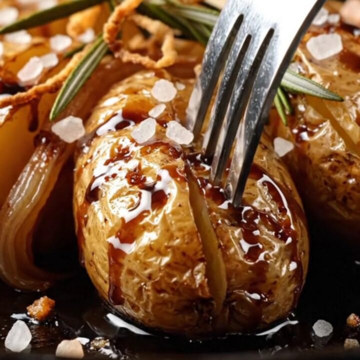 A cast-iron skillet filled with roasted fingerling potatoes and cipollini onions with a glossy balsamic glaze.