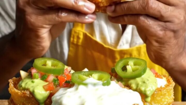 Golden crispy plantain tostones cups filled with molten white cheese and vibrant pico de gallo.