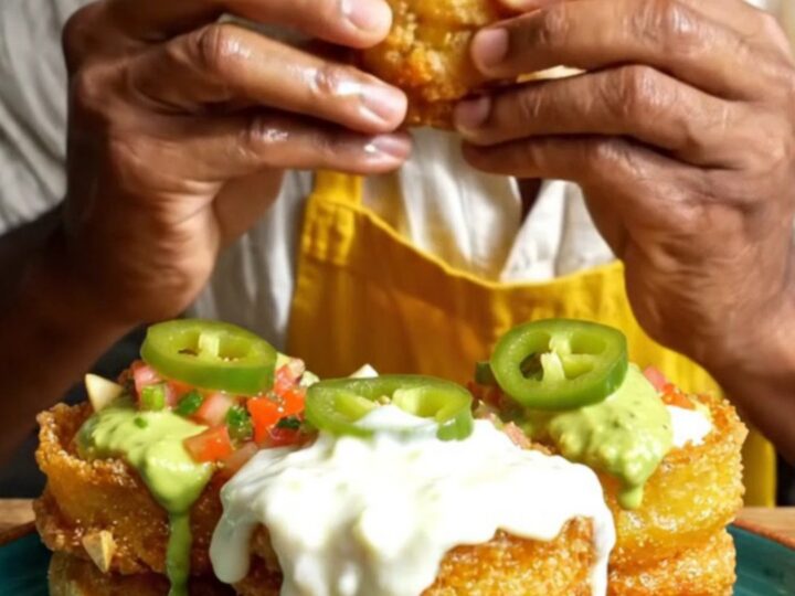 Golden crispy plantain tostones cups filled with molten white cheese and vibrant pico de gallo.