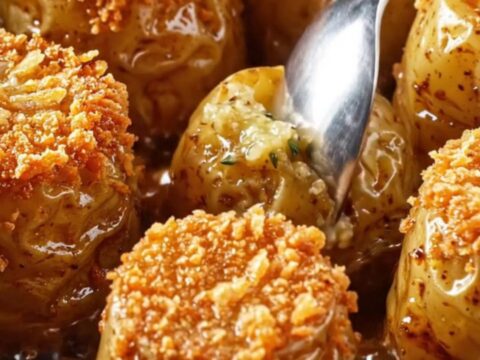 A cast-iron cocotte filled with golden-brown fondant potatoes glazed in a rich, glossy butter and herb sauce.