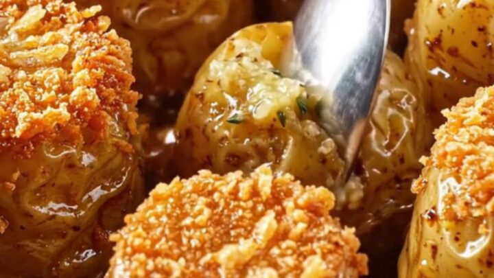 A cast-iron cocotte filled with golden-brown fondant potatoes glazed in a rich, glossy butter and herb sauce.