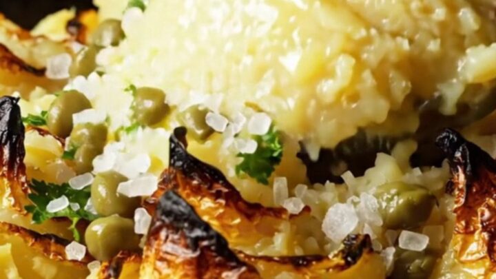 A rustic cast iron skillet filled with creamy mashed potatoes topped with roasted bone marrow.