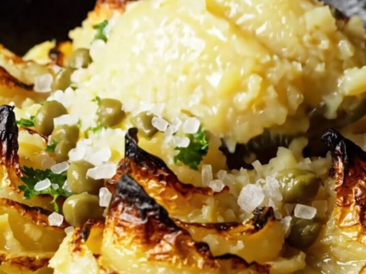 A rustic cast iron skillet filled with creamy mashed potatoes topped with roasted bone marrow.
