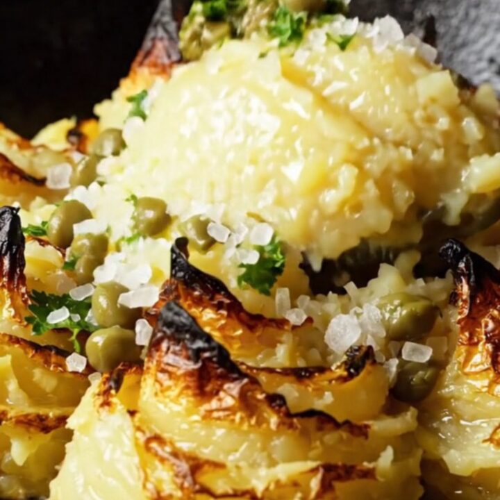 A rustic cast iron skillet filled with creamy mashed potatoes topped with roasted bone marrow.
