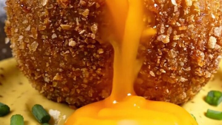A golden-fried Scotch-style potato bomb sliced in half, revealing a perfectly jammy, molten orange egg yolk flowing out.