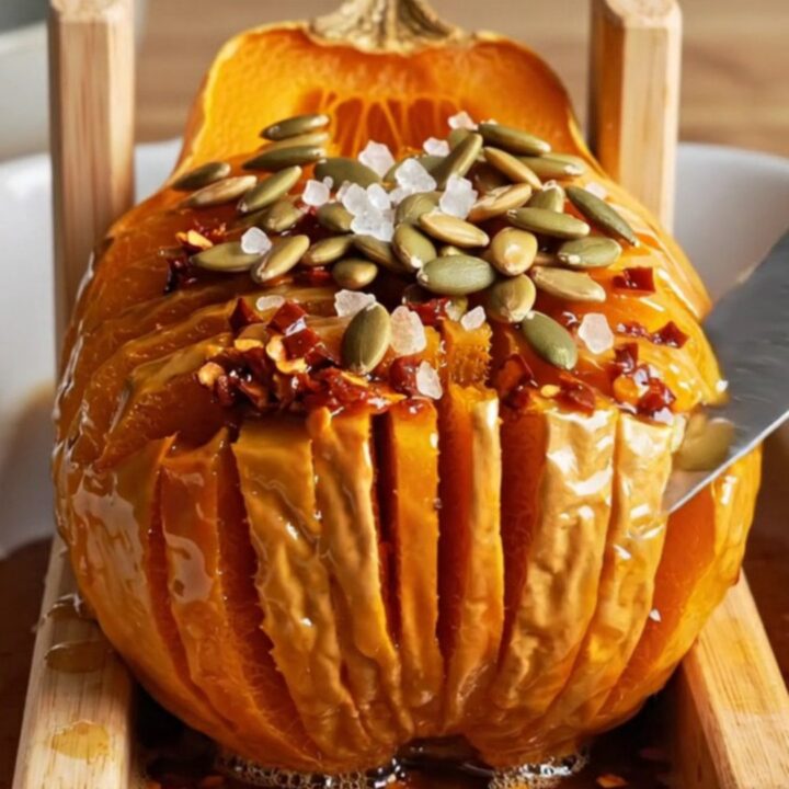 A golden, caramelized hasselback butternut squash half garnished with toasted pepitas on a rustic stoneware plate.
