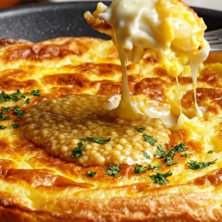 A golden, thick slice of Tortilla Española on a wooden board showing a creamy potato center.