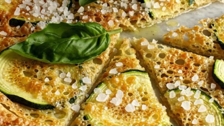A close-up of a crispy, golden-brown Tuscan Zucchini Scarpaccia square garnished with fresh basil and zucchini blossoms.
