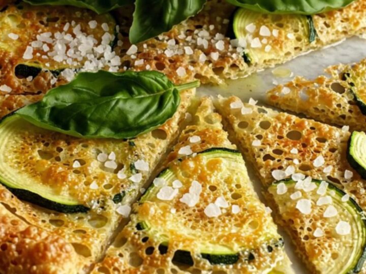 A close-up of a crispy, golden-brown Tuscan Zucchini Scarpaccia square garnished with fresh basil and zucchini blossoms.
