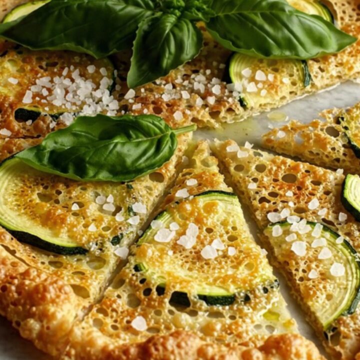 A close-up of a crispy, golden-brown Tuscan Zucchini Scarpaccia square garnished with fresh basil and zucchini blossoms.