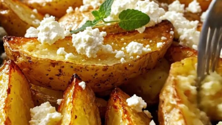 A rustic roasting pan filled with golden-brown Greek lemon potato wedges