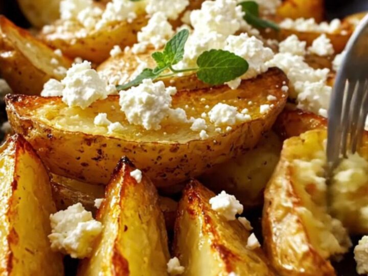 A rustic roasting pan filled with golden-brown Greek lemon potato wedges