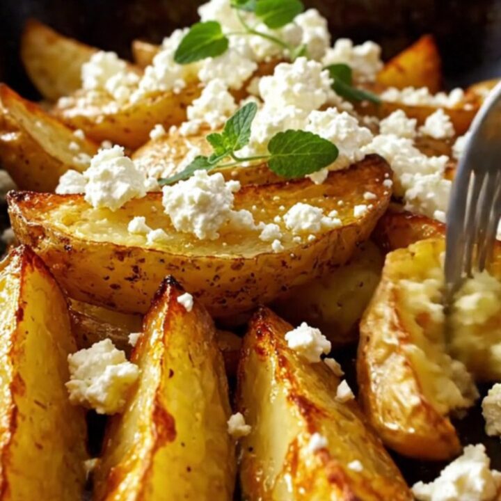 A rustic roasting pan filled with golden-brown Greek lemon potato wedges