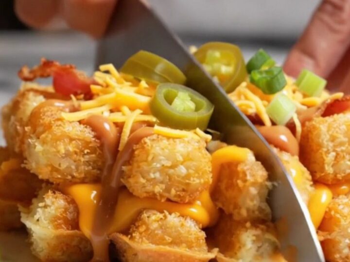 A golden, crispy smashed tater tot waffle lifted from a waffle iron, showing melted cheddar and jalapenos.