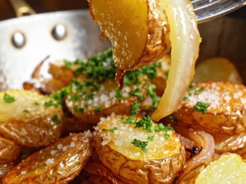 Golden, crispy sautéed Pommes Lyonnaise served in a rustic copper skillet.