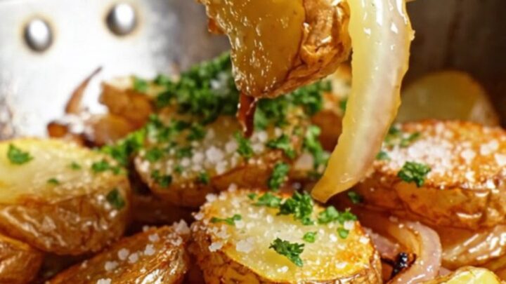 Golden, crispy sautéed Pommes Lyonnaise served in a rustic copper skillet.
