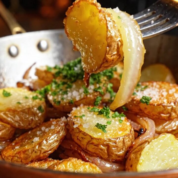 Golden, crispy sautéed Pommes Lyonnaise served in a rustic copper skillet.