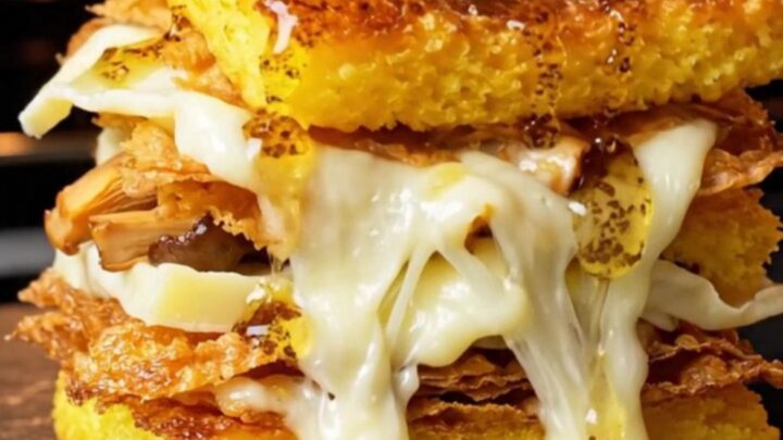 A vertical shot of a crispy polenta mille-feuille stack topped with a single fried sage leaf.