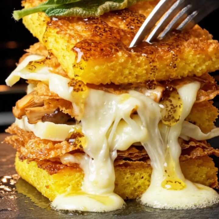 A vertical shot of a crispy polenta mille-feuille stack topped with a single fried sage leaf.