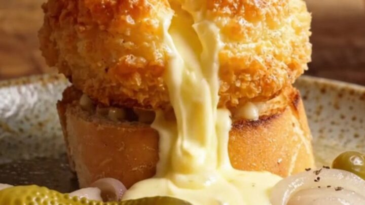 A close-up of a golden, crispy Swiss Malakoff dome on a toasted baguette