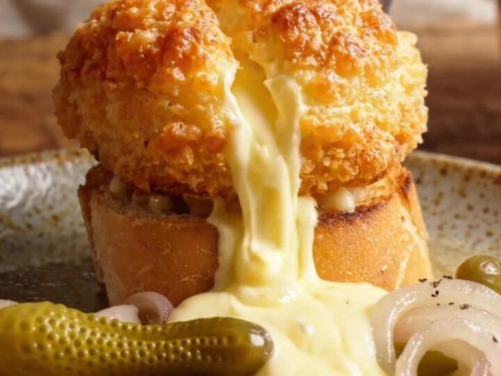 A close-up of a golden, crispy Swiss Malakoff dome on a toasted baguette