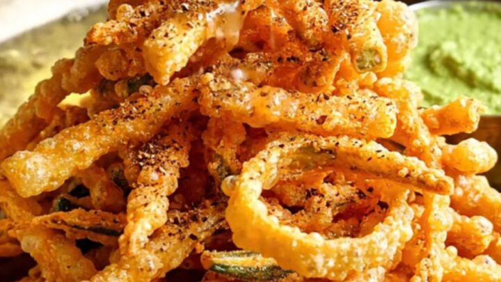 A golden, crispy plate of spiced okra fries served on a traditional brass platter with lime wedges.