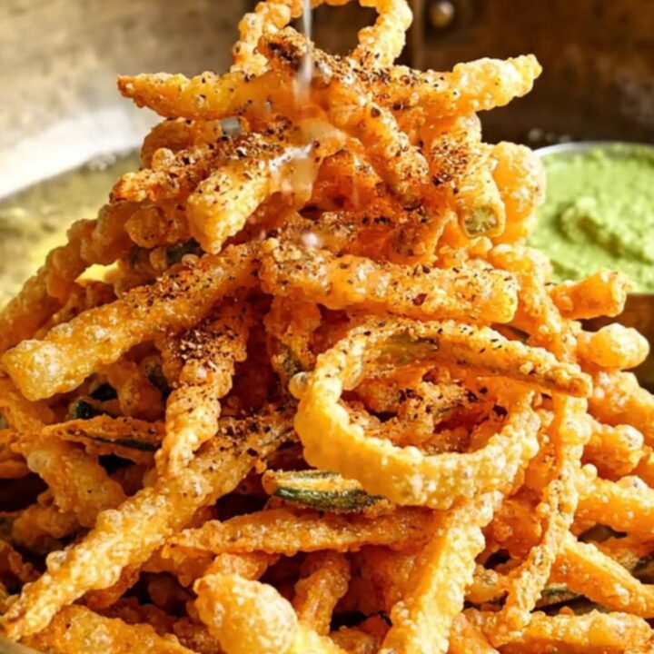 A golden, crispy plate of spiced okra fries served on a traditional brass platter with lime wedges.