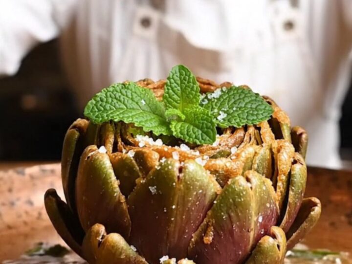 A golden, crispy Roman fried artichoke served on a rustic wooden table, with petals spread like a blooming flower.