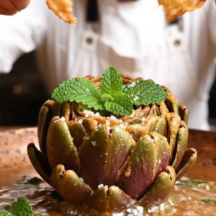 A golden, crispy Roman fried artichoke served on a rustic wooden table, with petals spread like a blooming flower.