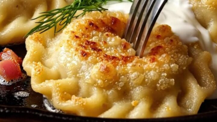 Crispy golden-brown pan-seared pierogi topped with crispy bacon bits, a dollop of sour cream