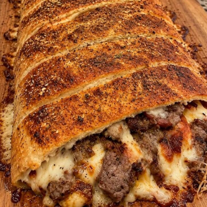 A golden-brown Philly cheesesteak stromboli sliced on a wooden board, with steam rising and visible melted cheese.