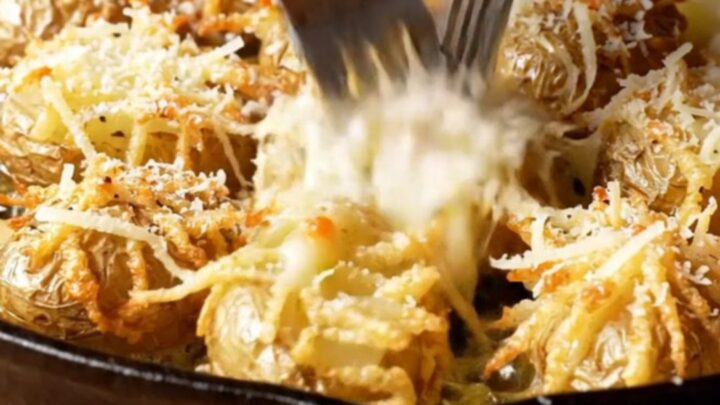 A cast-iron skillet filled with crispy smashed potatoes topped with melted Pecorino Romano and cracked black pepper.