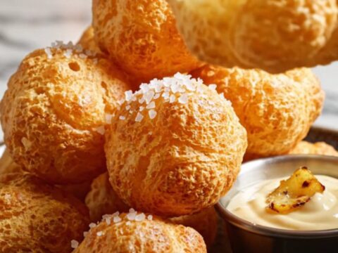 A golden-fried Pommes Dauphine being cracked open, showing a steaming, airy potato and Gruyère center.