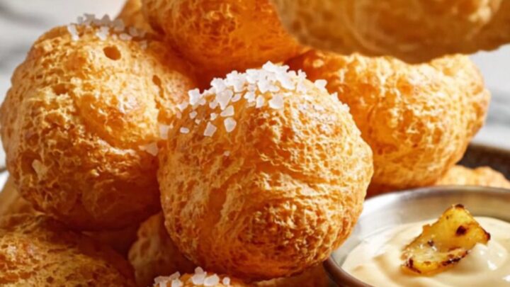 A golden-fried Pommes Dauphine being cracked open, showing a steaming, airy potato and Gruyère center.