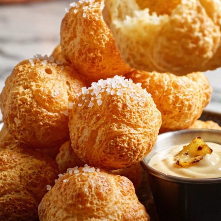 A golden-fried Pommes Dauphine being cracked open, showing a steaming, airy potato and Gruyère center.