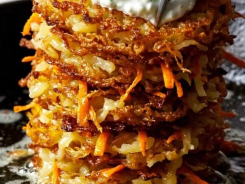 A stack of golden-brown, crispy parmesan carrot and potato rösti topped with a dollop of white labneh and pistachios.