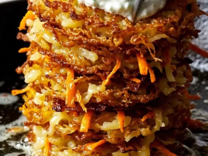 A stack of golden-brown, crispy parmesan carrot and potato rösti topped with a dollop of white labneh and pistachios.