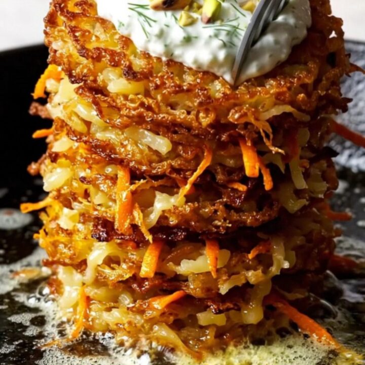 A stack of golden-brown, crispy parmesan carrot and potato rösti topped with a dollop of white labneh and pistachios.