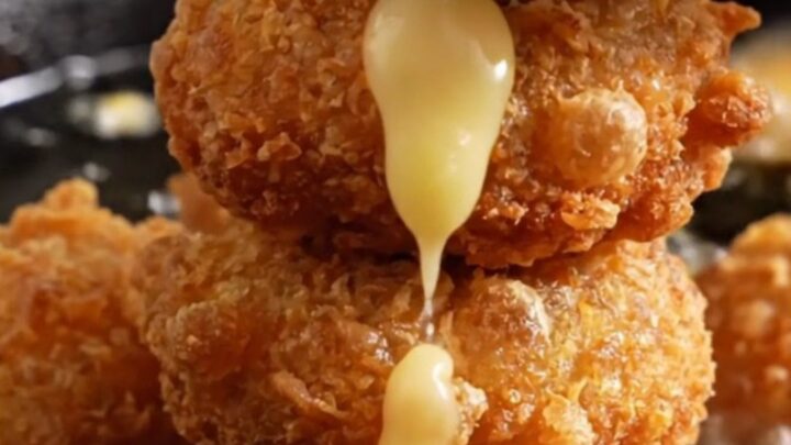 A golden-brown hushpuppy broken open, showing steam, sweet corn kernels, and melted sharp cheddar inside.