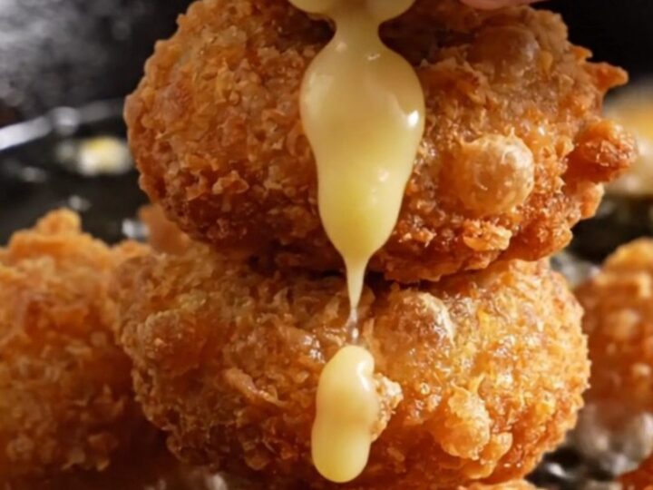 A golden-brown hushpuppy broken open, showing steam, sweet corn kernels, and melted sharp cheddar inside.