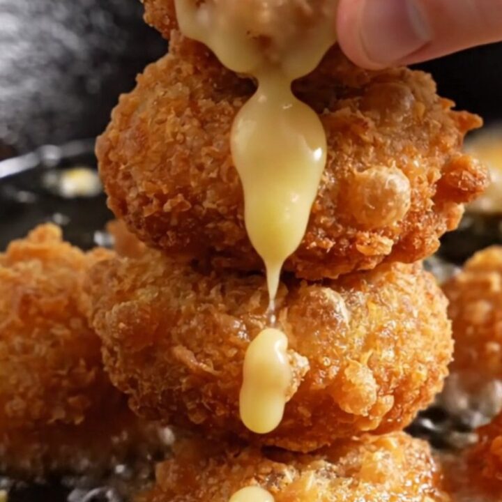 A golden-brown hushpuppy broken open, showing steam, sweet corn kernels, and melted sharp cheddar inside.