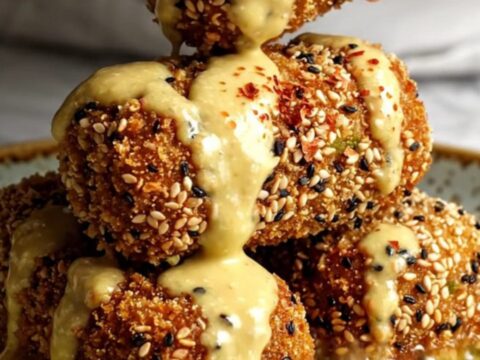 A close-up shot of golden-brown cauliflower croquettes with a sesame seed crust served with lemon tahini.